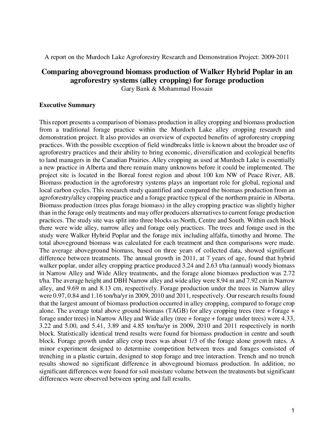 Comparing aboveground biomass production of Walker Hybrid Poplar in an agroforestry systems (alley cropping) for forage production