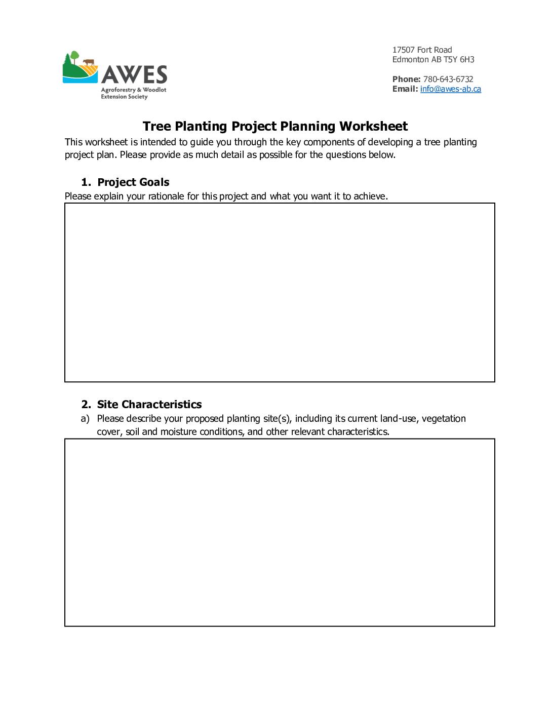 AWES Planting Project Planning Worksheet