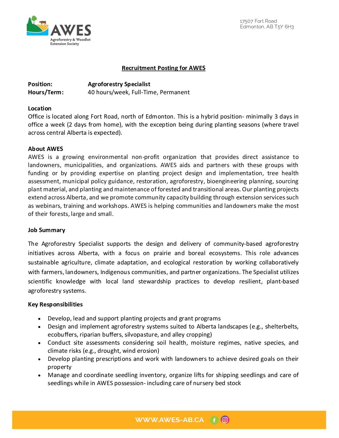 Agroforestry Specialist Position